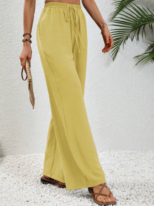 LUNE Solid Color Elastic Waist Wide Leg Pants With Slanted Pockets