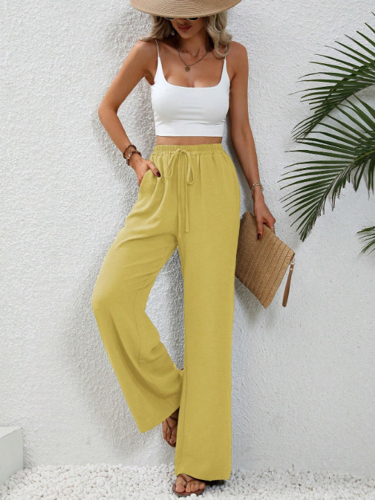 LUNE Solid Color Elastic Waist Wide Leg Pants With Slanted Pockets