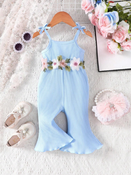 Baby Girl Embroidered Flower Decoration Halter Ruffle Jumpsuit