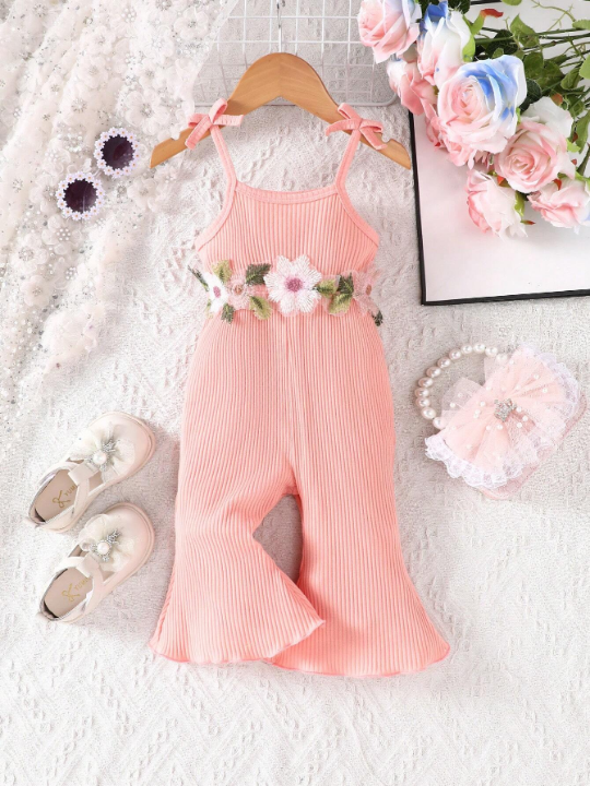 Baby Girl Embroidered Floral Applique Halter Bell-Bottom Jumpsuit