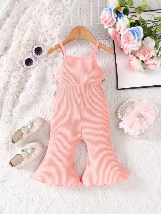 Baby Girl Embroidered Floral Applique Halter Bell-Bottom Jumpsuit