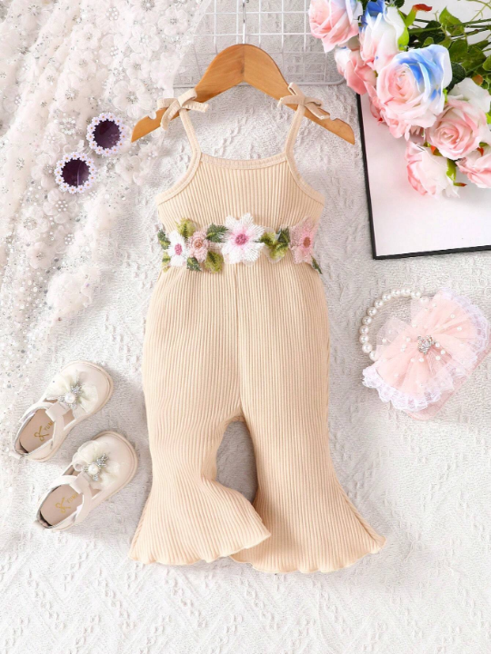 Baby Girl Floral Patchwork Tube Top Flared Jumpsuit With Strap