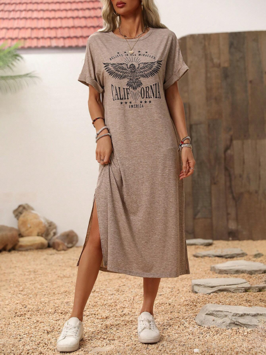 LUNE Women's Batwing Short Sleeve Dress With Letter & Eagle Print And Round Neck