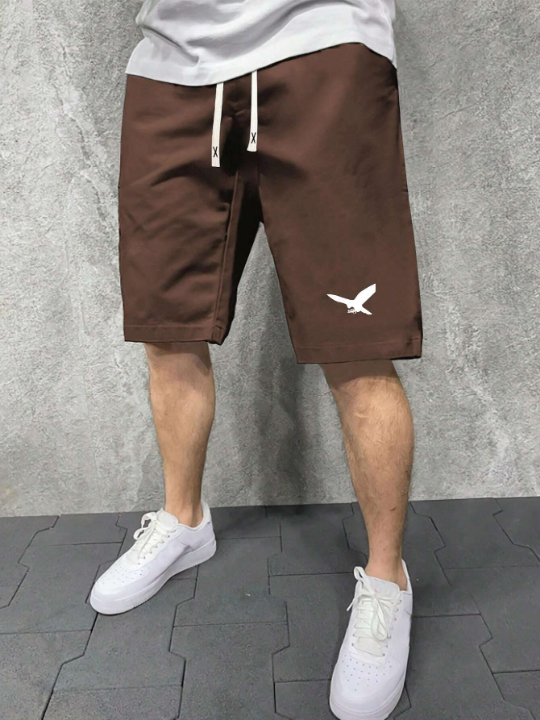 Men's Summer Stylish Drawstring Waist Shorts With Flying Bird Print For Casual Look