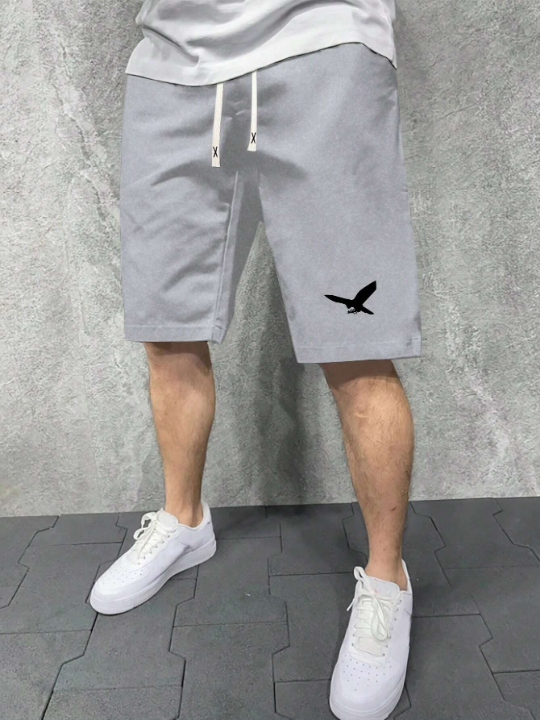 Men's Summer Regular Fit Drawstring Waist Fashionable Flying Bird Pattern Printed Casual Shorts