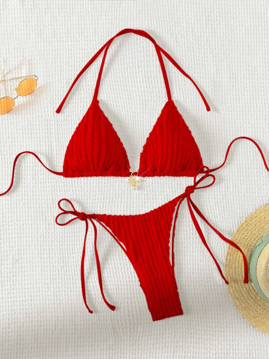 Solid Color Textured Bikini Set