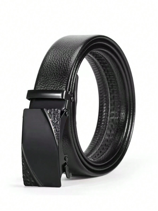 Fashionable Classic Pu Automatic Business Men's Dress Belt In Glossy Black