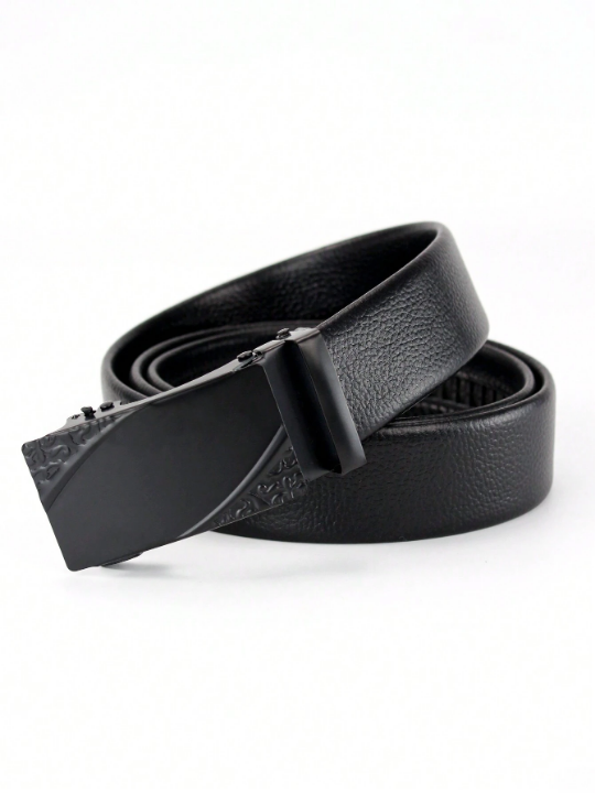 Fashionable Classic Pu Automatic Business Men's Dress Belt In Glossy Black