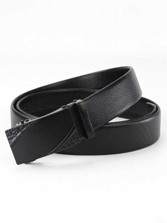 Fashionable Classic Pu Automatic Business Men's Dress Belt In Glossy Black