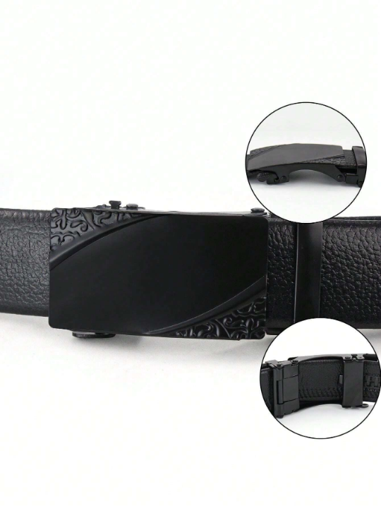 Fashionable Classic Pu Automatic Business Men's Dress Belt In Glossy Black