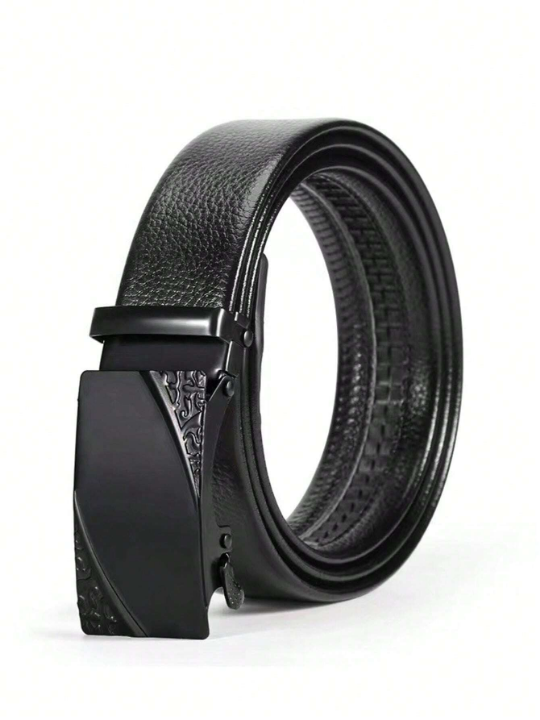 Fashionable Classic Pu Automatic Business Men's Dress Belt In Glossy Black