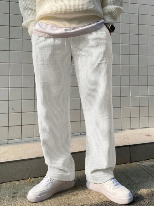 DAZY Men's Fashionable White Corduroy Long Pants In Simple Style