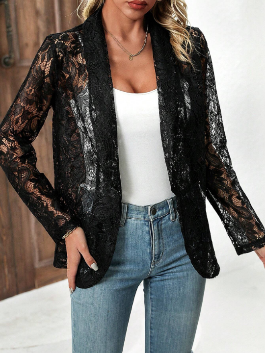 LUNE Solid Color Lace Sheer Loose Fit Quinquefolium Collar Perspective Jacket