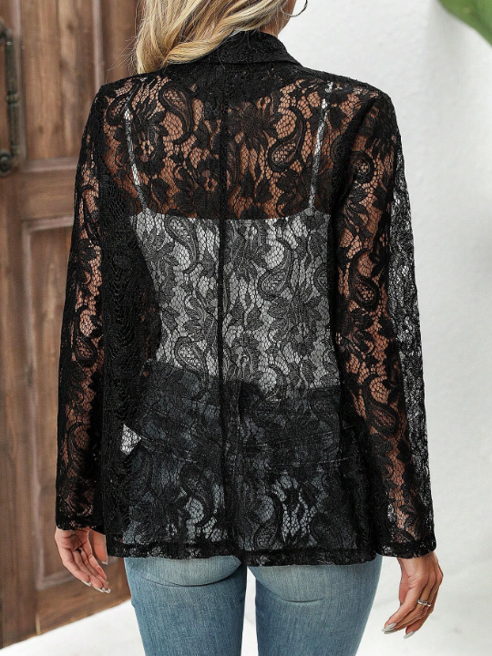 LUNE Solid Color Lace Sheer Loose Fit Quinquefolium Collar Perspective Jacket