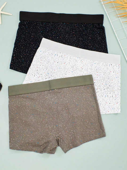 3pcs/Set Men's Comfortable Breathable Boxer Briefs With Starry Sky & Small Dot Pattern