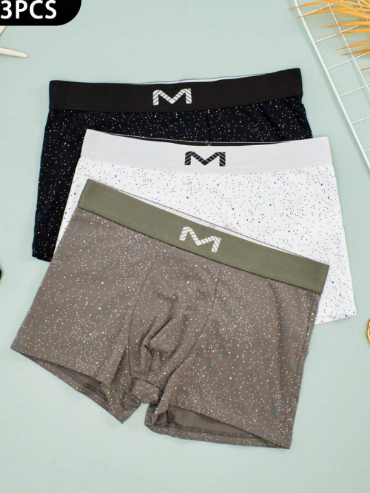 3pcs/Set Men's Comfortable Breathable Boxer Briefs With Starry Sky & Small Dot Pattern