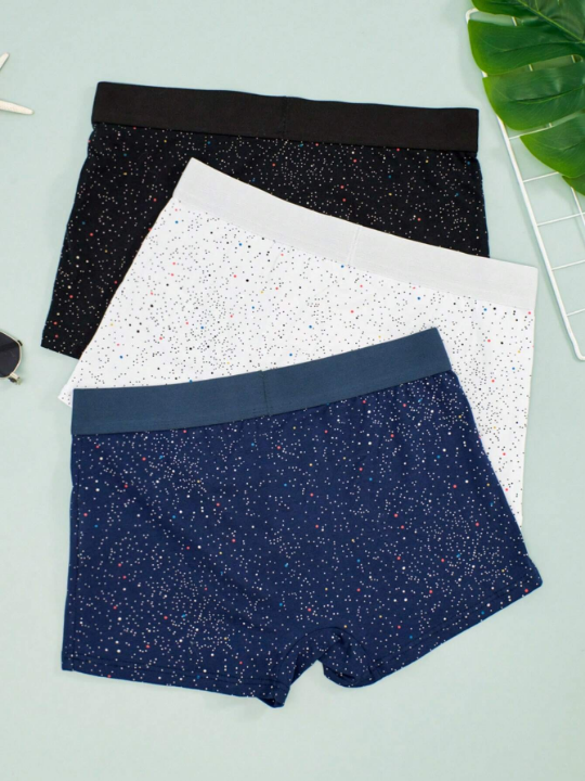 3pcs/Set Men's Fashionable Starry Sky & Small Dot Print Breathable Boxer Briefs, Youth Presents