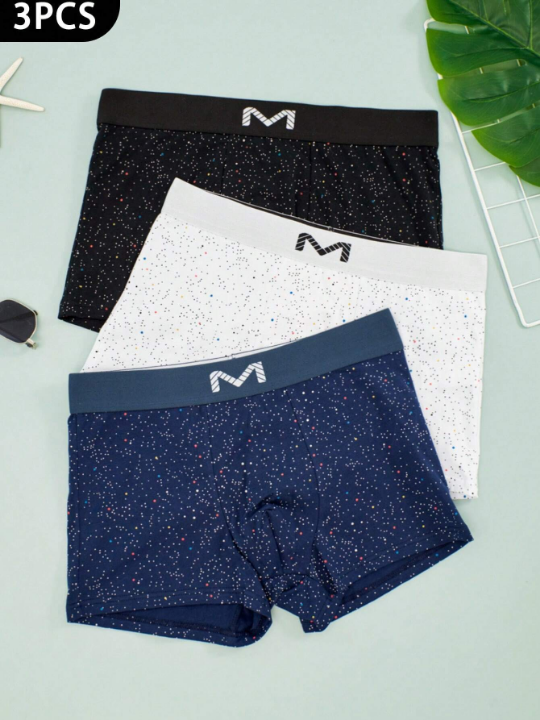 3pcs/Set Men's Fashionable Starry Sky & Small Dot Print Breathable Boxer Briefs, Youth Presents