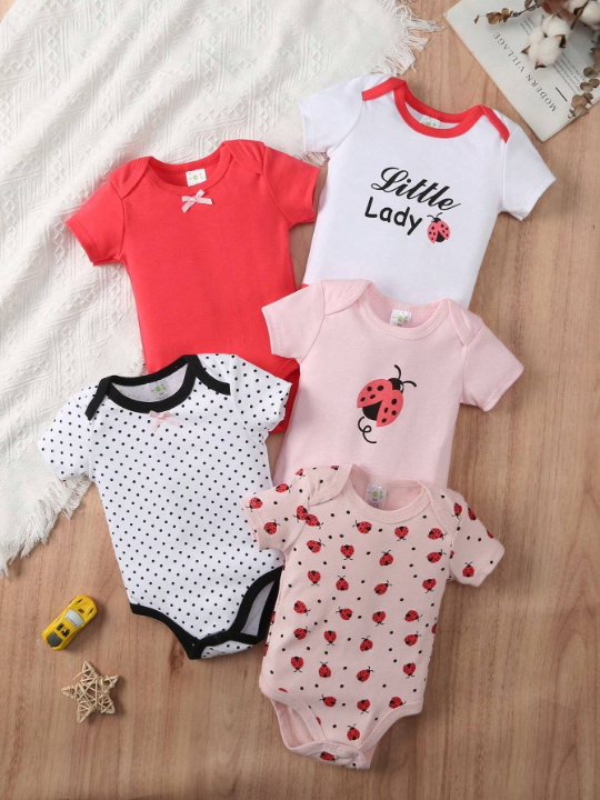 New Arrival Baby Boy 5pcs/Set Ladybug Polka Dot Printed Triangle Rompers Clothes