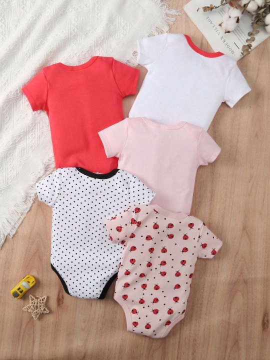 New Arrival Baby Boy 5pcs/Set Ladybug Polka Dot Printed Triangle Rompers Clothes