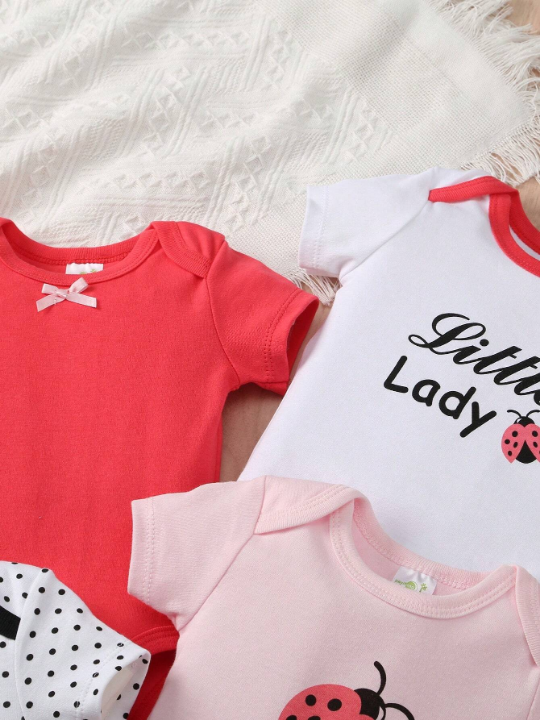 New Arrival Baby Boy 5pcs/Set Ladybug Polka Dot Printed Triangle Rompers Clothes