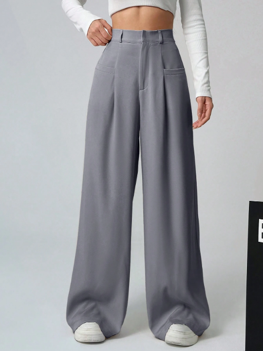 EZwear Plain Color Pleated Wide Leg Casual Pants With Pockets