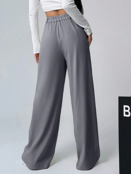 EZwear Plain Color Pleated Wide Leg Casual Pants With Pockets