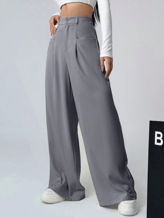 EZwear Plain Color Pleated Wide Leg Casual Pants With Pockets