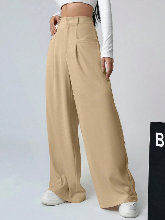 EZwear Women's Solid Color Pleated Wide-Leg Pants