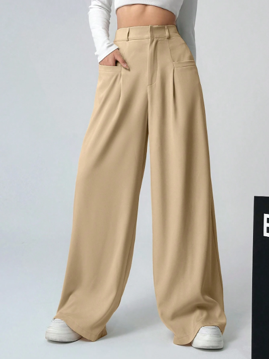 EZwear Women's Solid Color Pleated Wide-Leg Pants