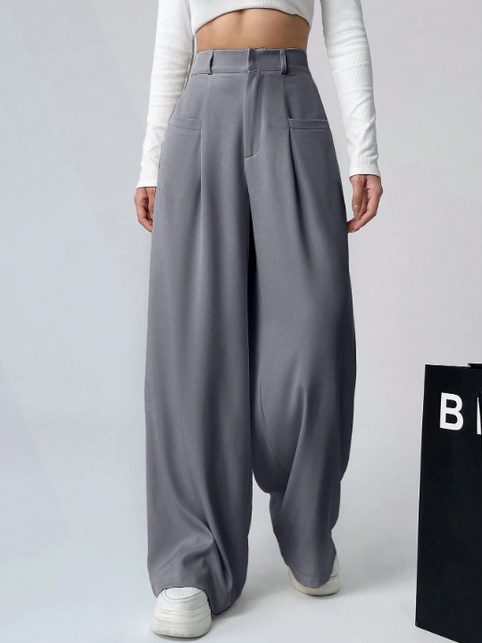 EZwear Plain Color Pleated Wide Leg Casual Pants With Pockets