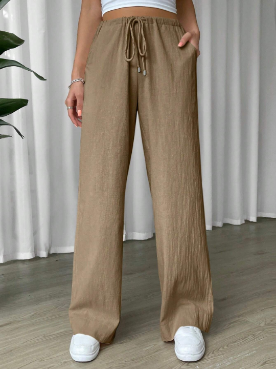 EZwear Linen Drawstring Waist Slant Pocket Wide Leg Pants