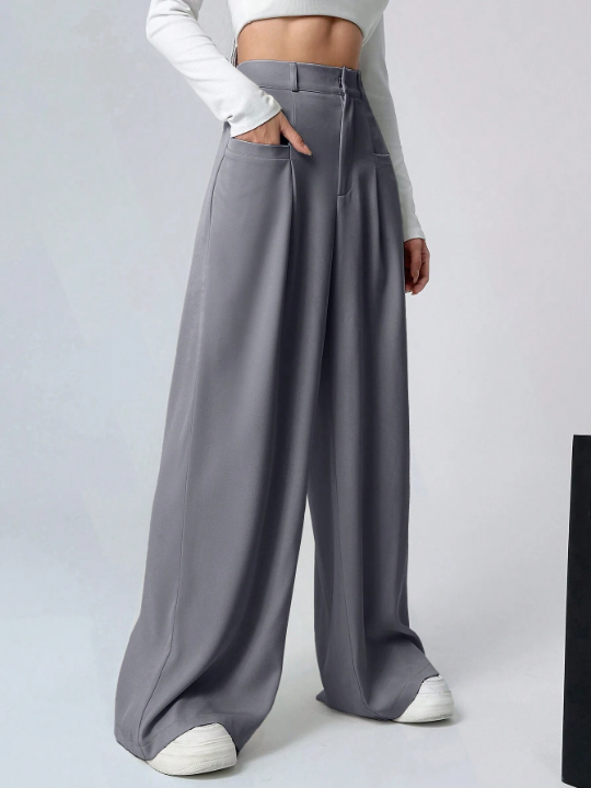 EZwear Plain Color Pleated Wide Leg Casual Pants With Pockets