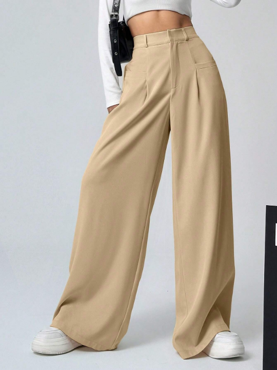 EZwear Women's Solid Color Pleated Wide-Leg Pants