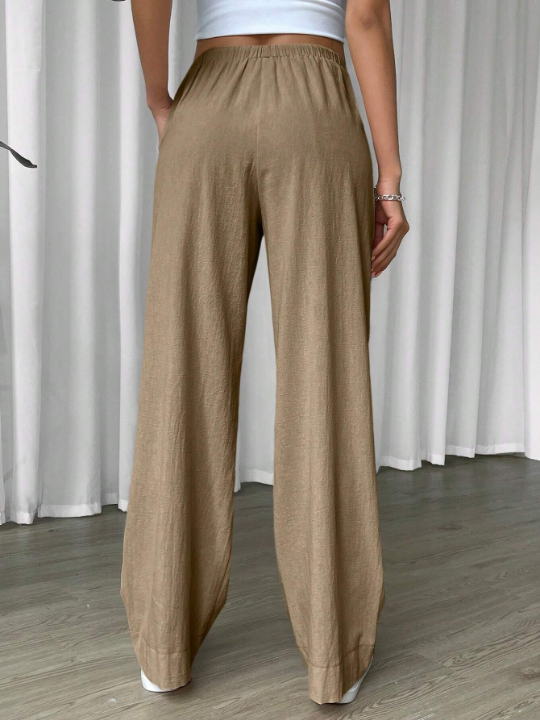 EZwear Linen Drawstring Waist Slant Pocket Wide Leg Pants