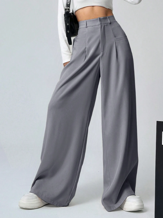 EZwear Plain Color Pleated Wide Leg Casual Pants With Pockets