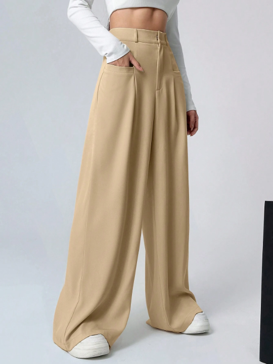 EZwear Women's Solid Color Pleated Wide-Leg Pants