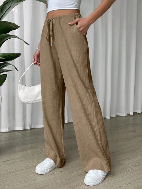 EZwear Linen Drawstring Waist Slant Pocket Wide Leg Pants