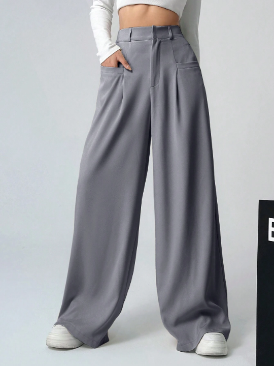 EZwear Plain Color Pleated Wide Leg Casual Pants With Pockets