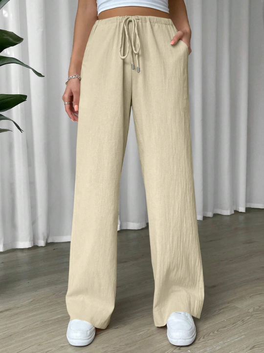 EZwear Linen Drawstring Waist Slant Pocket Wide Leg Pants