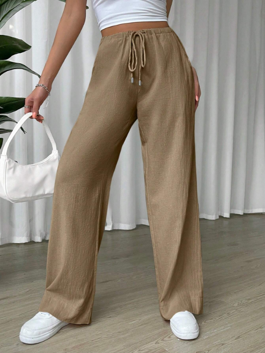 EZwear Linen Drawstring Waist Slant Pocket Wide Leg Pants