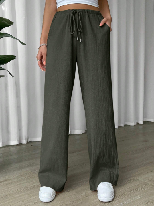 EZwear Linen Drawstring Waist Slant Pocket Wide Leg Pants