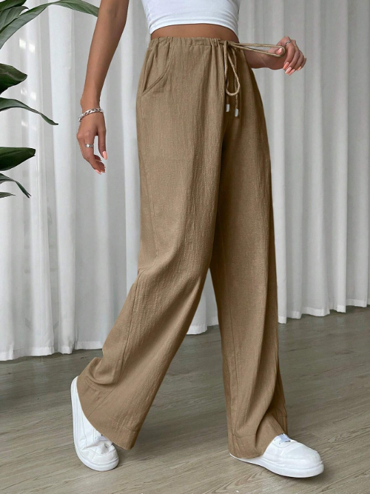 EZwear Linen Drawstring Waist Slant Pocket Wide Leg Pants