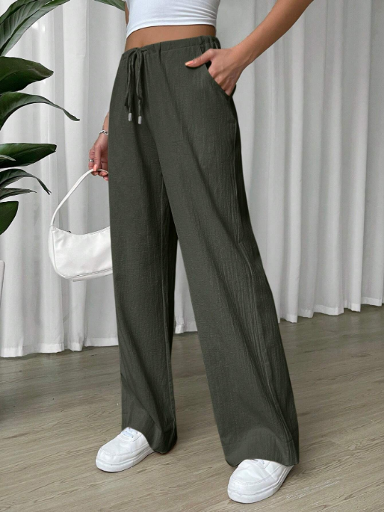 EZwear Linen Drawstring Waist Slant Pocket Wide Leg Pants