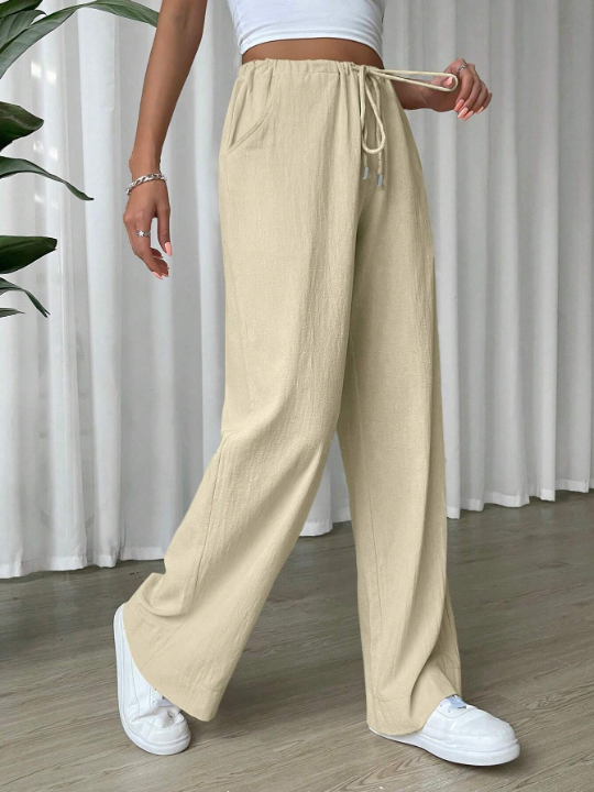 EZwear Linen Drawstring Waist Slant Pocket Wide Leg Pants