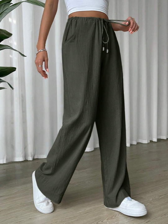 EZwear Linen Drawstring Waist Slant Pocket Wide Leg Pants