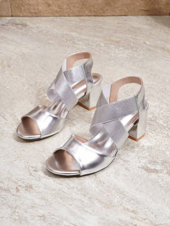 Women's Peep Toe Elastic Band Chunky Heels Sandals, Fashionable Party Metallic Pu Shoes