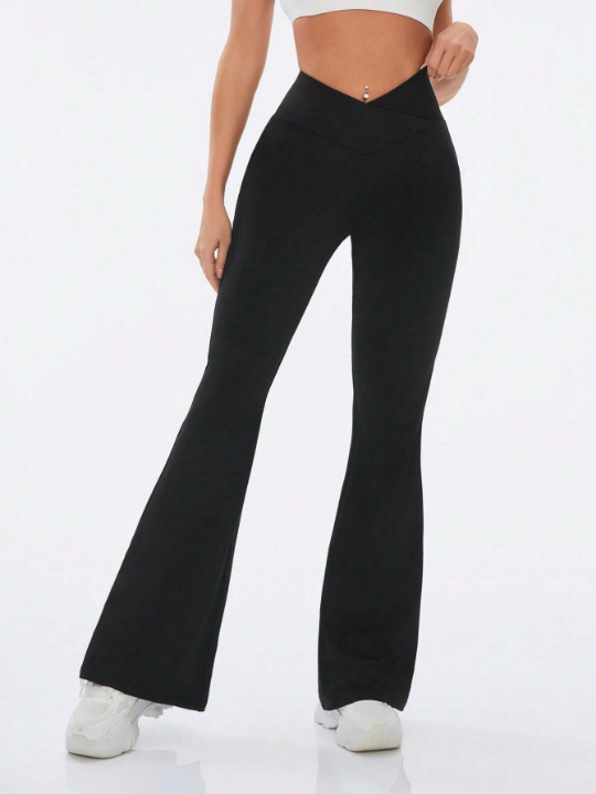 Women's Solid Color V-Waist Sports Bell-Bottoms Pants