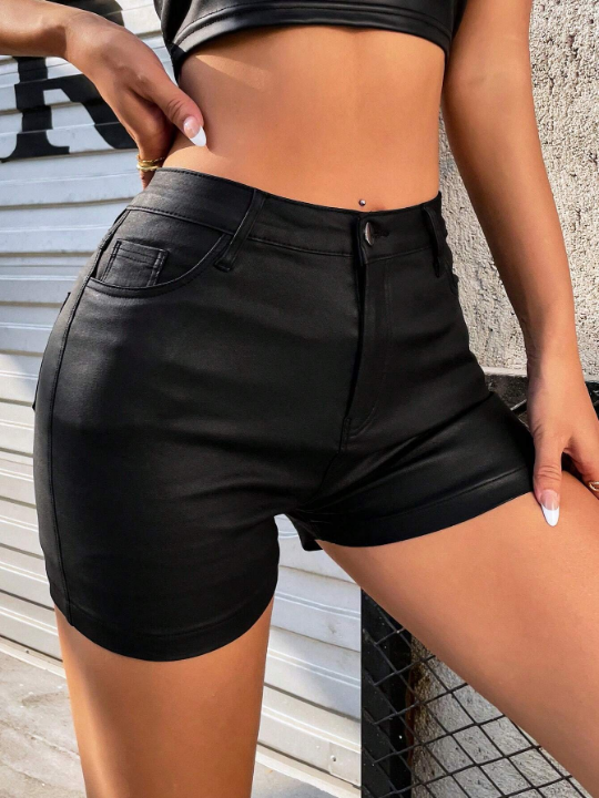 Apperloth A High Waist Dual Pocket Back PU Leather Shorts