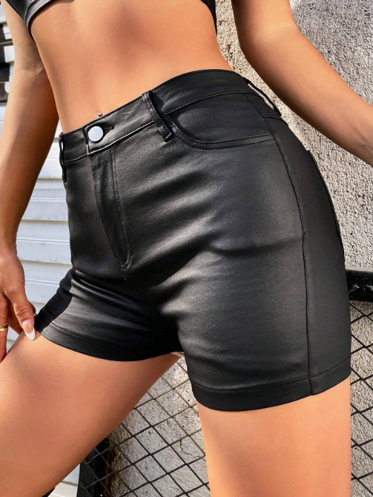 Apperloth A High Waist Dual Pocket Back PU Leather Shorts